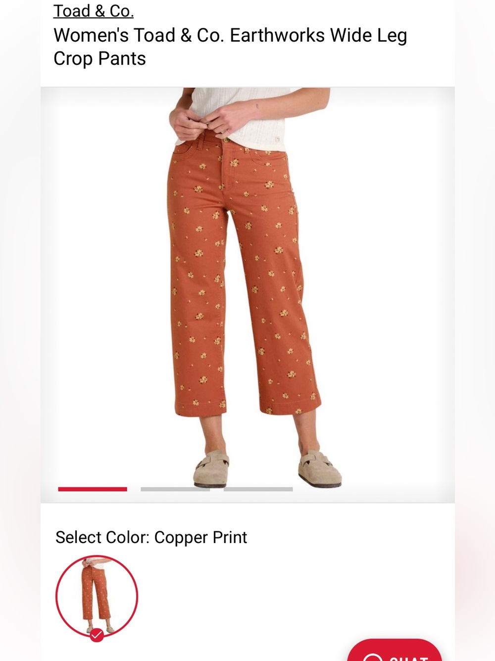 Toad&Co Rust Floral Wide-Leg Women’s Pants - Picture 4 of 5